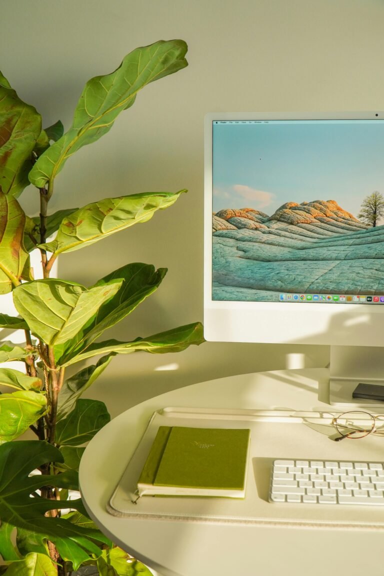A bright and modern workspace featuring a computer, keyboard, notebook, and a lush green plant.